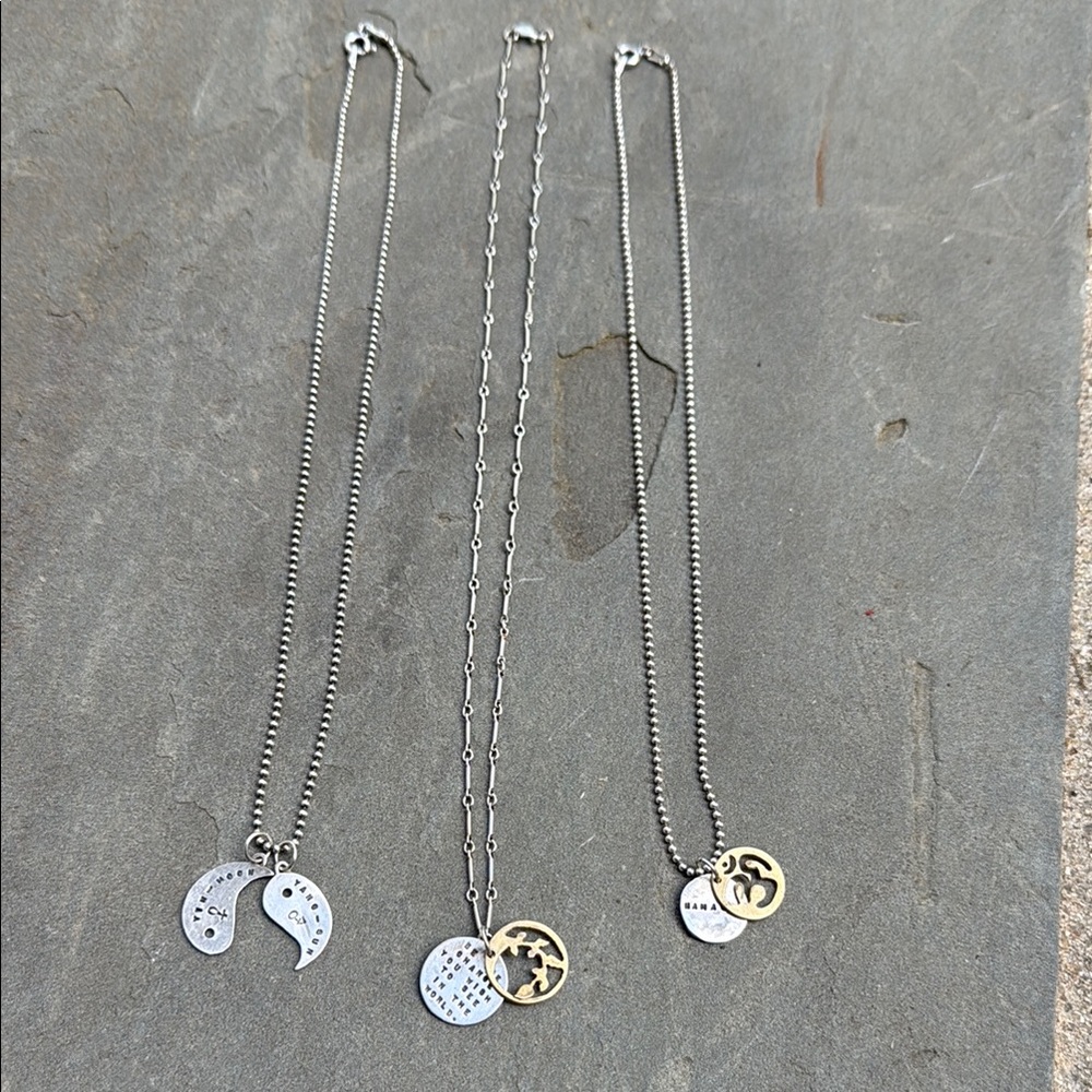 Silver and Gold charm yoga inspired Necklaces trio.